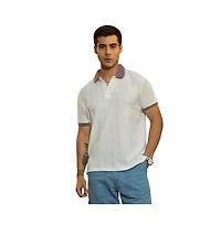 Campus Sutra Men's Chalk White & Pastel Purple Contrast Open-Knit Polo T-Shirt