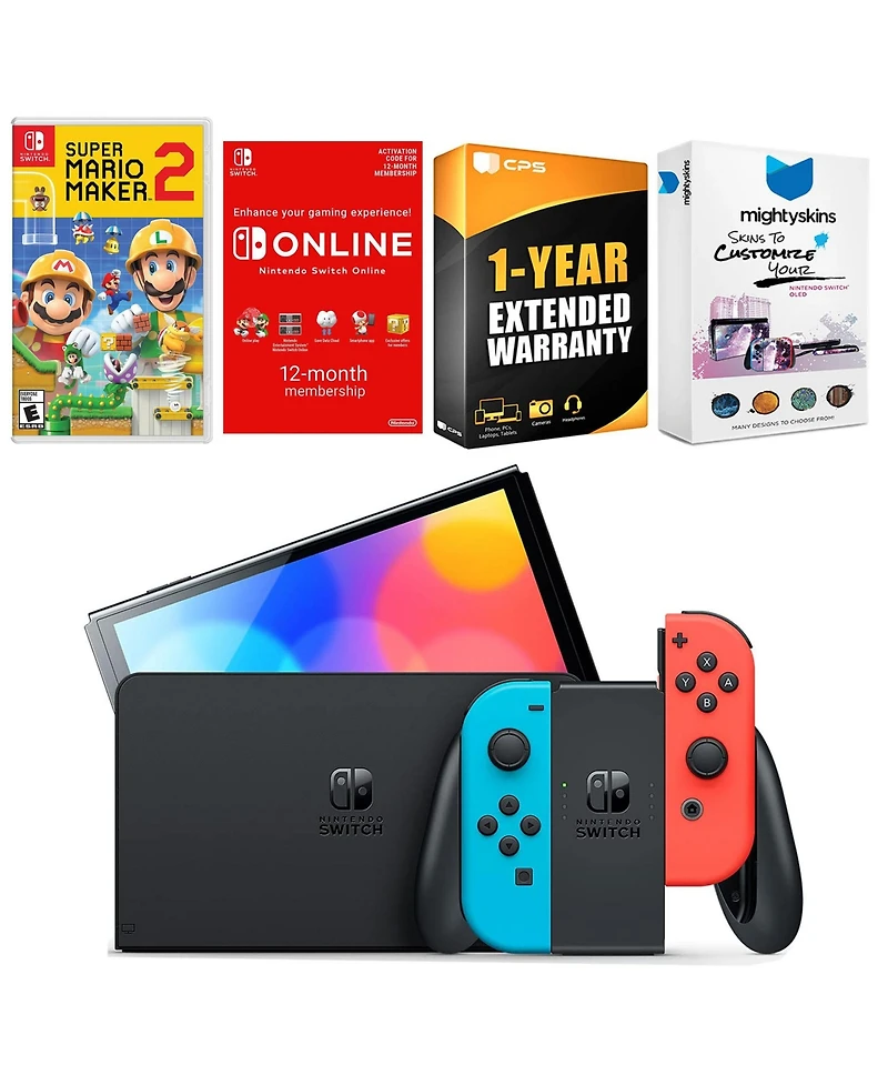 Nintendo Switch Neon Red & Blue Oled Console with Mario Maker 2 , Nso 12 Month Family Membership
