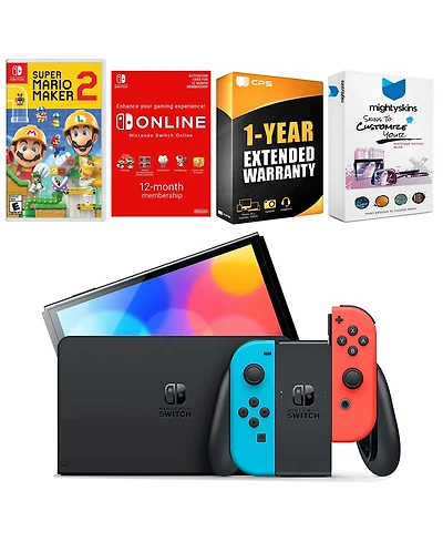 Nintendo Switch Neon Red & Blue Oled Console with Mario Maker 2 , Nso 12 Month Family Membership