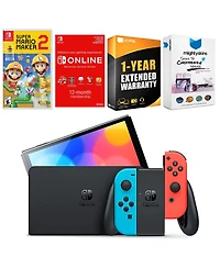Nintendo Switch Neon Red & Blue Oled Console with Mario Maker 2 , Nso 12 Month Family Membership
