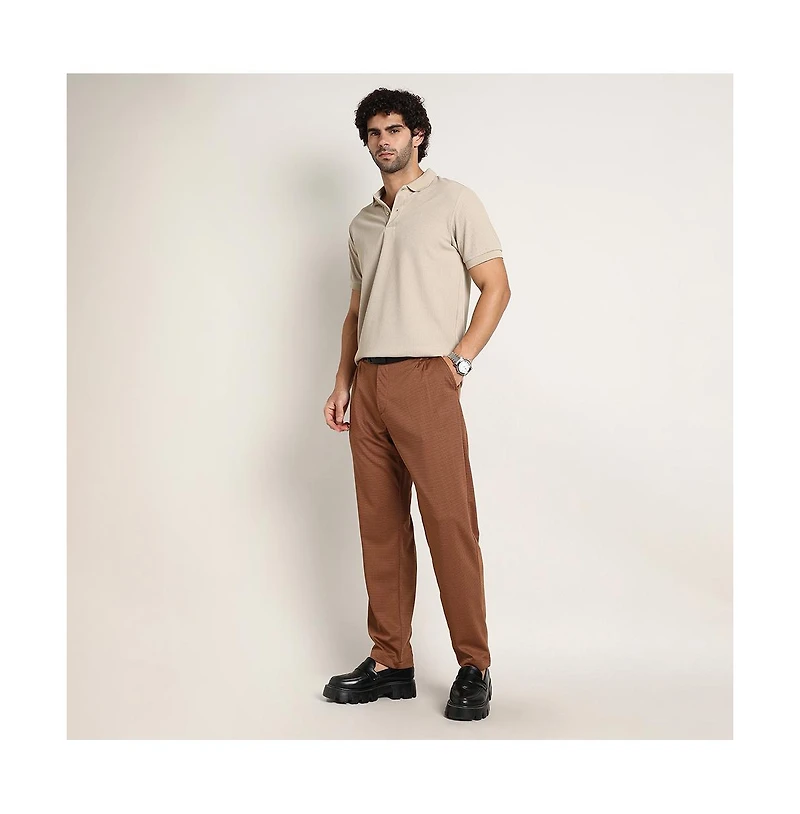 Campus Sutra Men's Russet Brown Micro-Check Chino Trousers