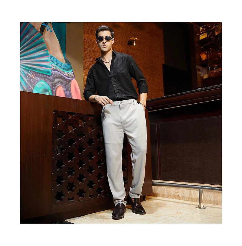 Campus Sutra Men's Cloud Grey Panel-Waffle Chino Trousers