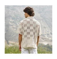 Campus Sutra Men's Off-White Grid Oversized Polo T-Shirt