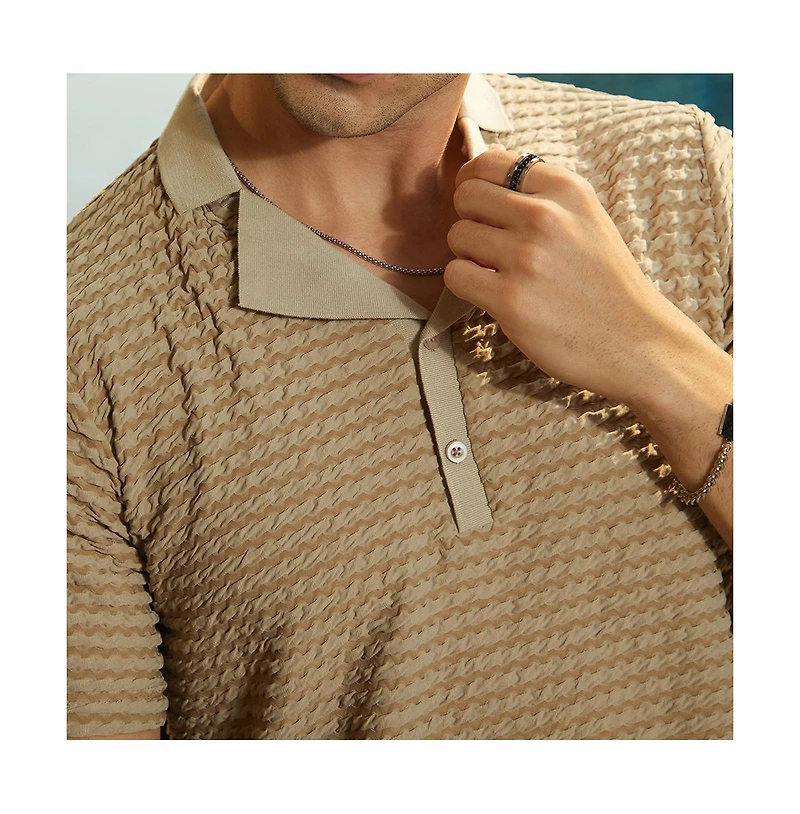 Campus Sutra Men's Ash Brown Crease-Tactile Cuban Polo T-Shirt