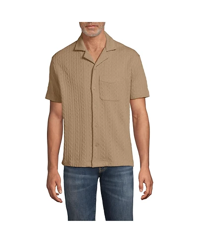 Lands' End Men's Short Sleeve Textured Cable Camp Collar Button Through Shirt
