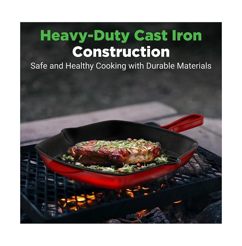 NutriChef 17.09” Heavy-Duty Cast Iron Square Skillet Grill Pan NCCIES47