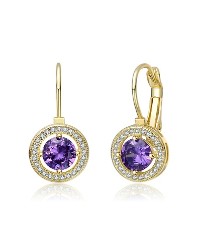 14K Gold Plated with Round Colored Cubic Zirconia Leverback Earrings