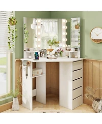 Corner Vanity Desk with 3-Color Led Lighted Mirror and Power Outlet