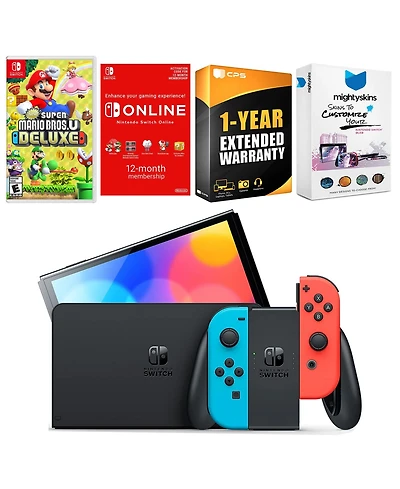 Nintendo Switch Neon Red & Blue Oled Console with New Super Mario Bros. U Deluxe, Nso 12 Month Family Membership