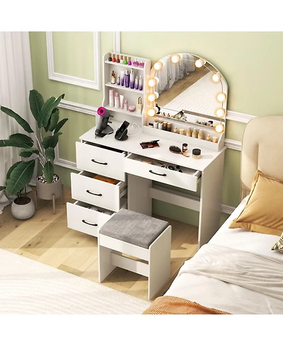 Makeup Vanity Desk Dressing Table and Stool Set with Mirror and Lights