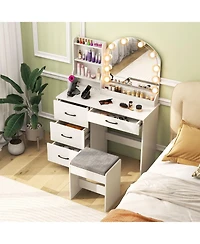 Makeup Vanity Desk Dressing Table and Stool Set with Mirror and Lights