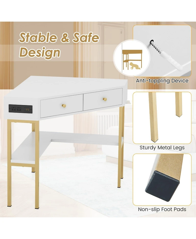 Space Saving Corner Computer Desk with 2 Large Drawers