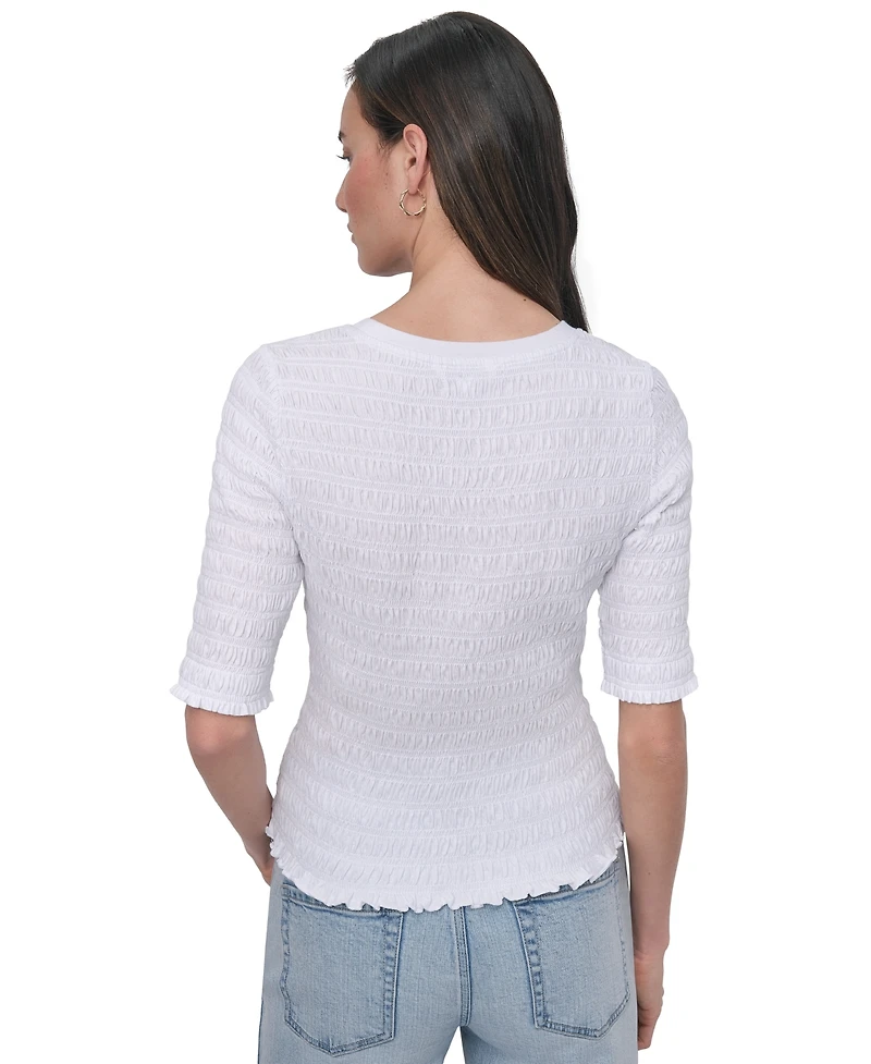 Dkny Jeans Women's Smocked Cotton Elbow-Sleeve Top