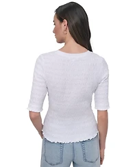 Dkny Jeans Women's Smocked Cotton Elbow-Sleeve Top