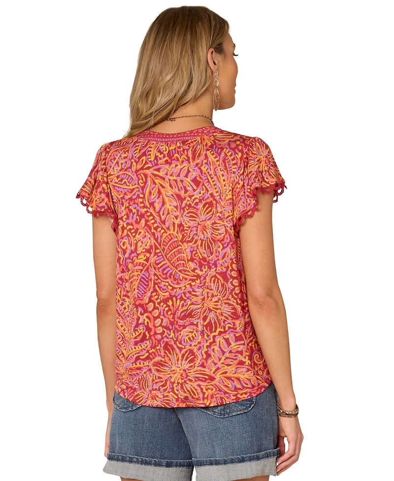 Democracy Petite Flutter-Sleeve Printed Knit Top