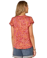 Democracy Petite Flutter-Sleeve Printed Knit Top