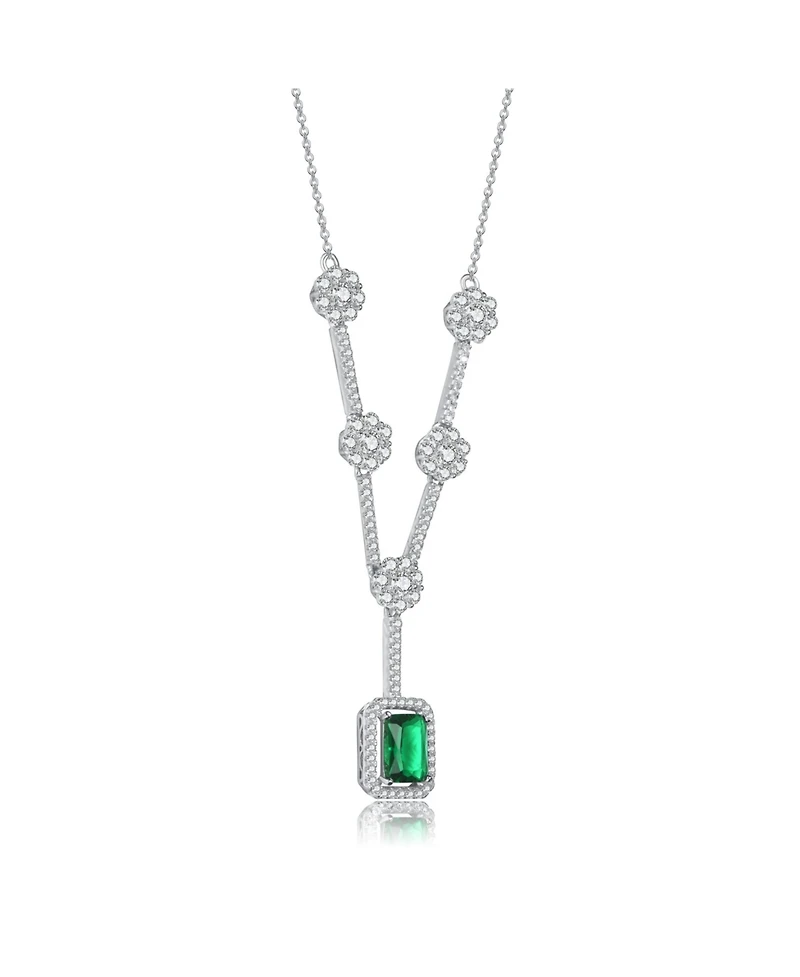 Sterling Silver White Gold Plated with Green Cubic Zirconia Square Necklace