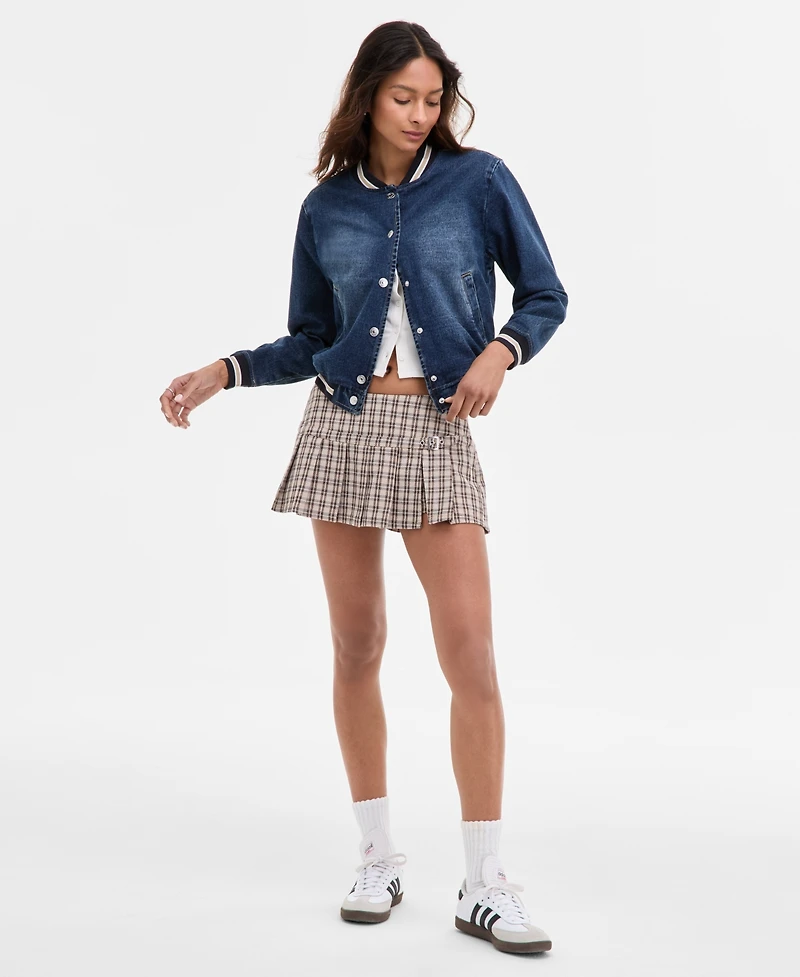 Madden Girl Juniors' Denim Varsity Bomber Jacket
