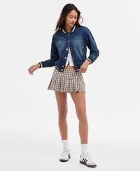 Madden Girl Juniors' Denim Varsity Bomber Jacket