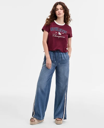 Madden Girl Juniors' Pull-On Side-Snap Wide-Leg Jeans