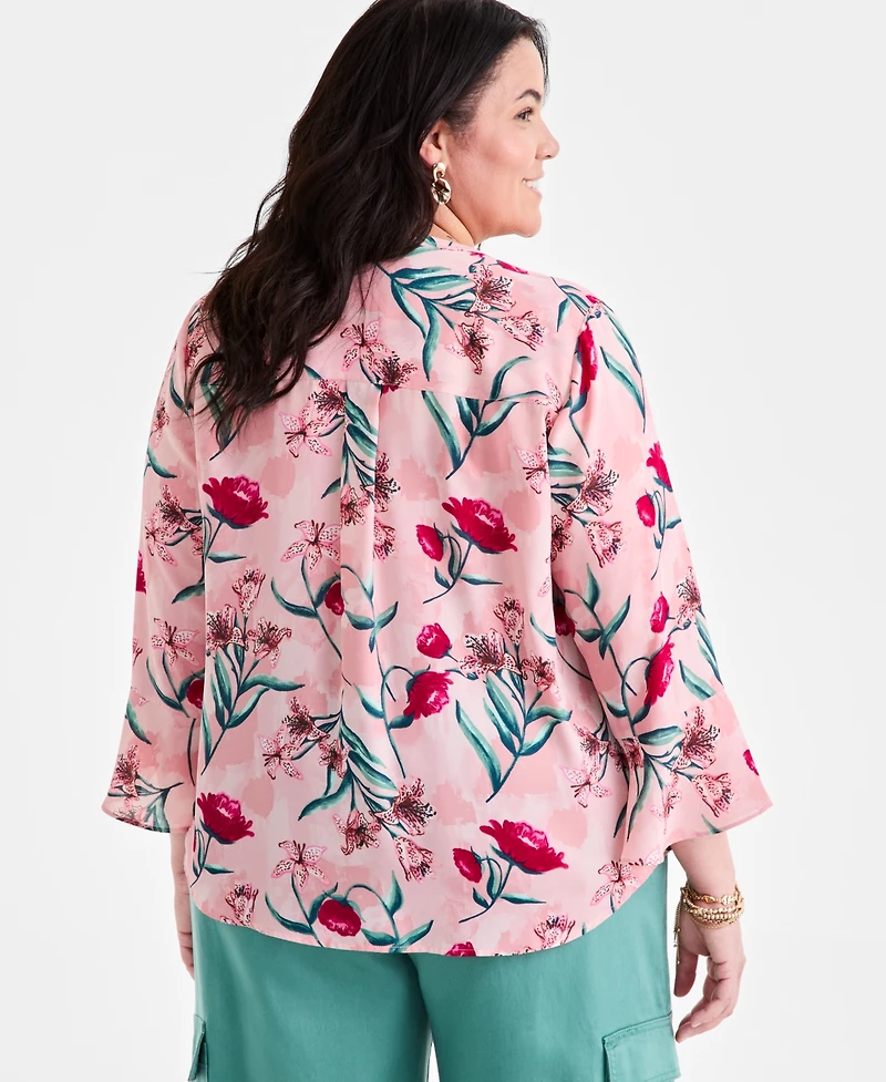 Style & Co Plus Printed V-Neck Ruffle-Cuff Blouse