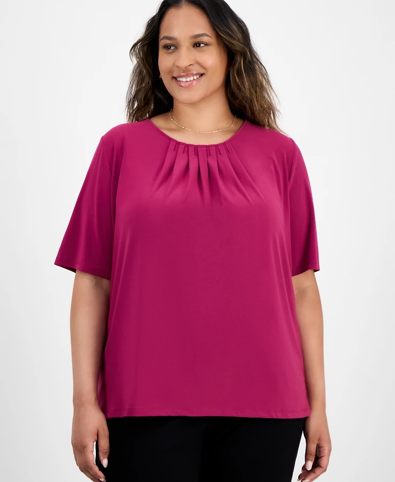 Kasper Plus Elbow-Sleeve Pleated-Neck Top