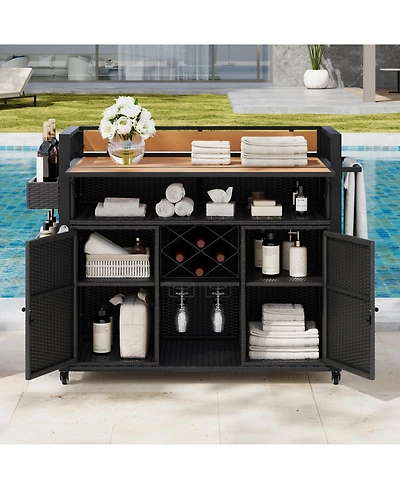Wicker Grill Cart with Table Top & Storage - Outdoor Kitchen