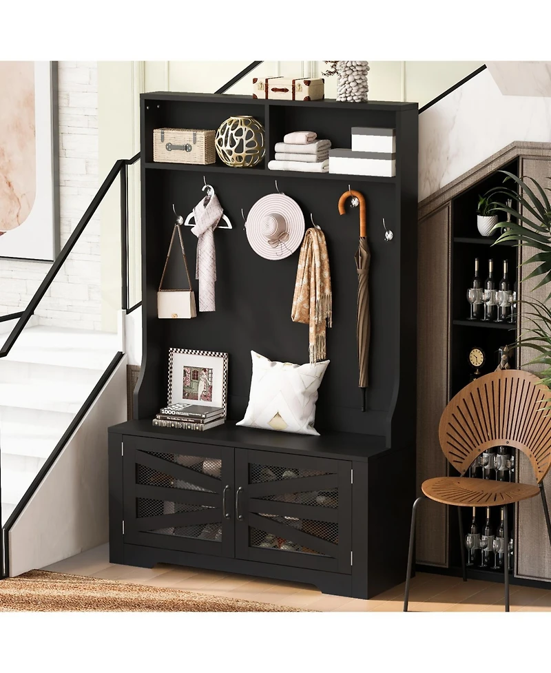 Entryway Bench with Coat Rack & Adjustable Shelves