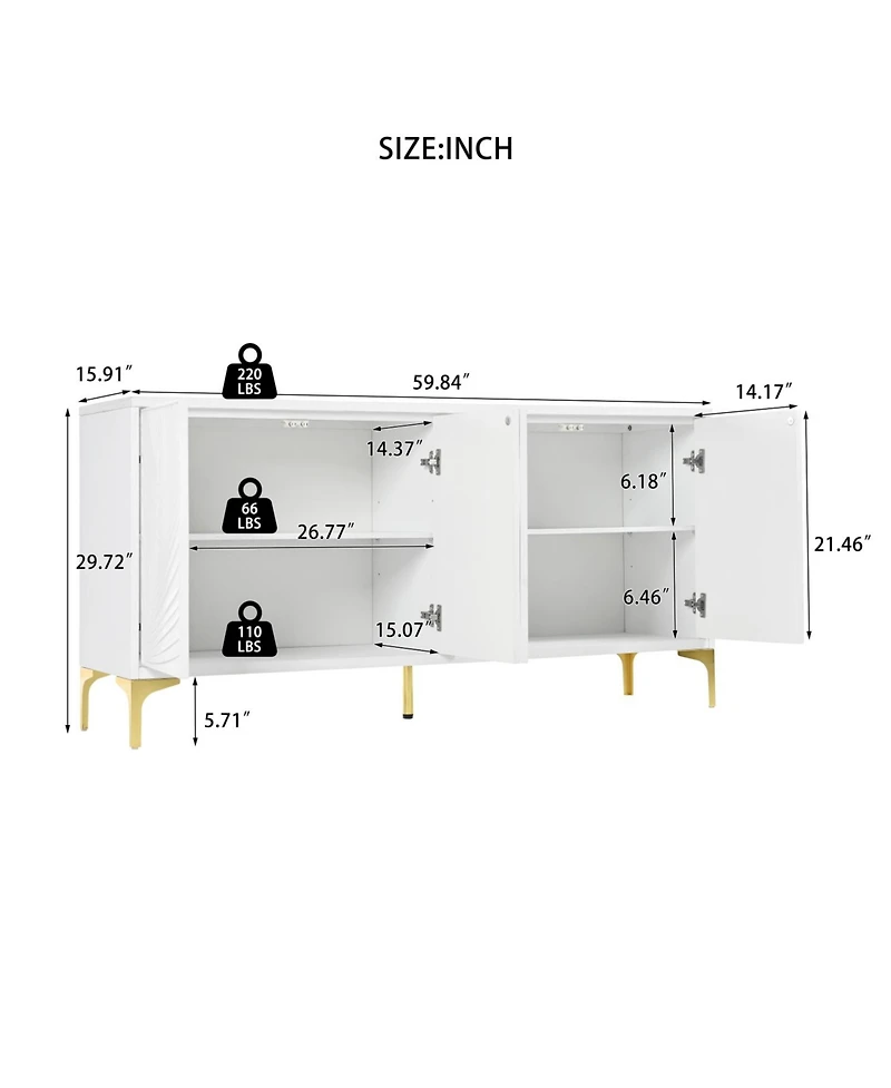 Carved 4-Door Sideboard - Handleless, Press-to-Open (White)