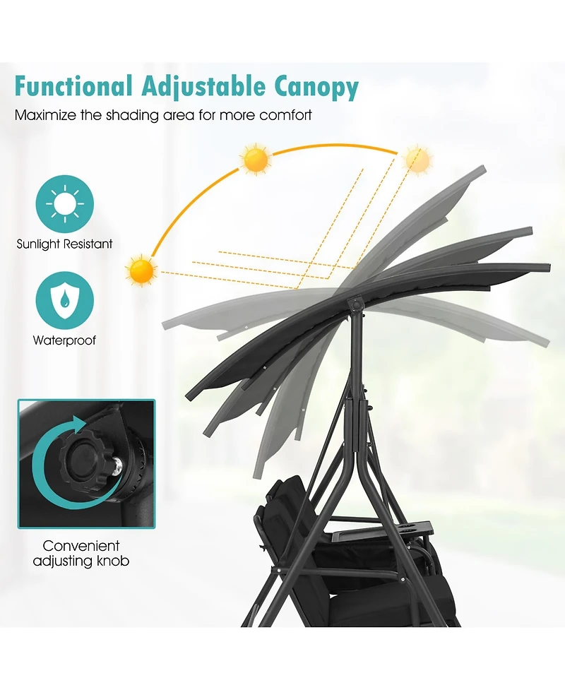 Gymax 2-Person Canopy Porch Swing Padded Chair Cooler Bag Rotatable Tray