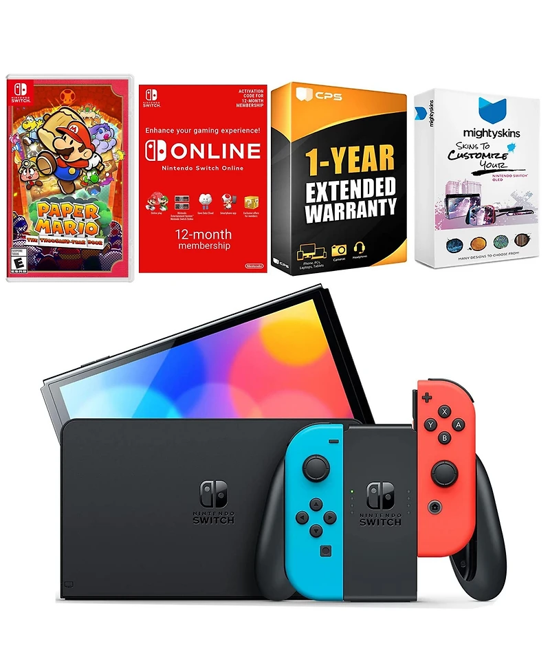 Nintendo Switch Neon Red & Blue Oled Console with Paper Mario: the Thousand Year Door, Nso 12 Month Family Membership