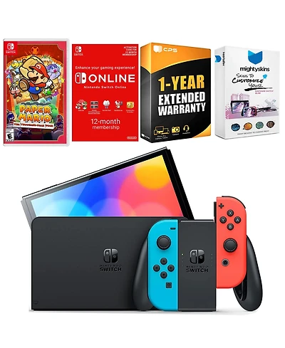 Nintendo Switch Neon Red & Blue Oled Console with Paper Mario: the Thousand Year Door, Nso 12 Month Family Membership