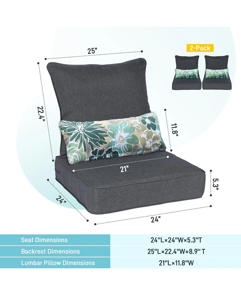 Aoodor 24'' x 24'' Outdoor Deep Seat Chair Cushion Set, Set of 2 Seats, 2 Backs, 2 Pillows (Charcoal)