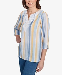 Alfred Dunner Petite Flower Power Striped Detail Button Front Top