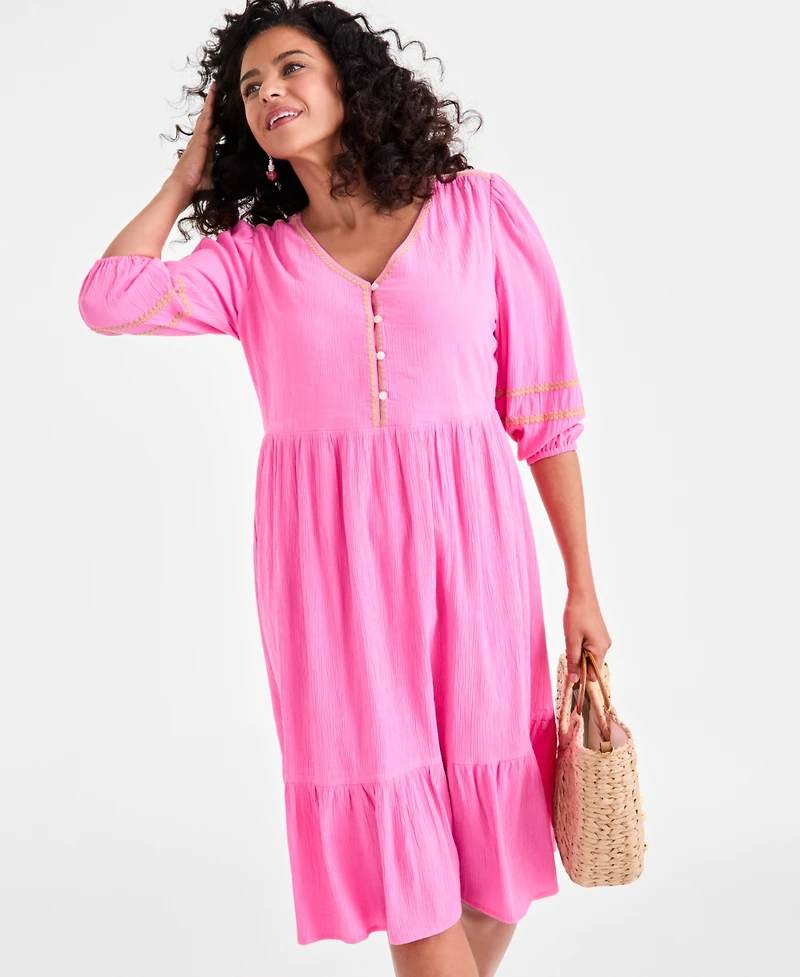 Style & Co Women's V-Neck 3/4-Sleeve Tiered Midi Dress, Exclusively at Macy's