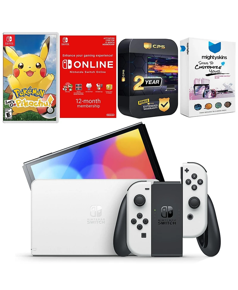 Nintendo Switch White Oled Console with Pokemon Let's Go, Pikachu!, Nso 12 Month Family Membership, MightySkins Console and Controller Skin Voucher, a