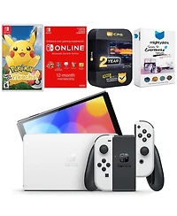 Nintendo Switch White Oled Console with Pokemon Let's Go, Pikachu!, Nso 12 Month Family Membership, MightySkins Console and Controller Skin Voucher, a