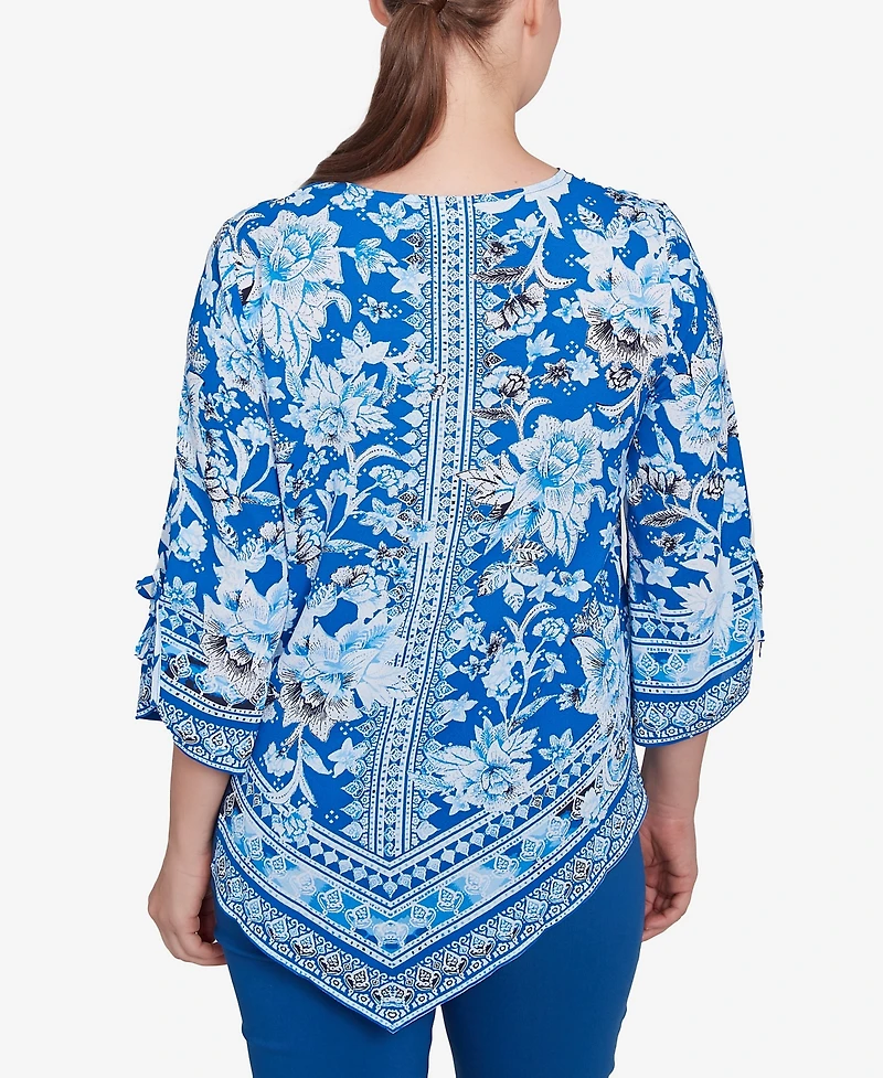 Ruby Rd. Petite Bohemian Batik Floral Border Print Crepe Tunic Top