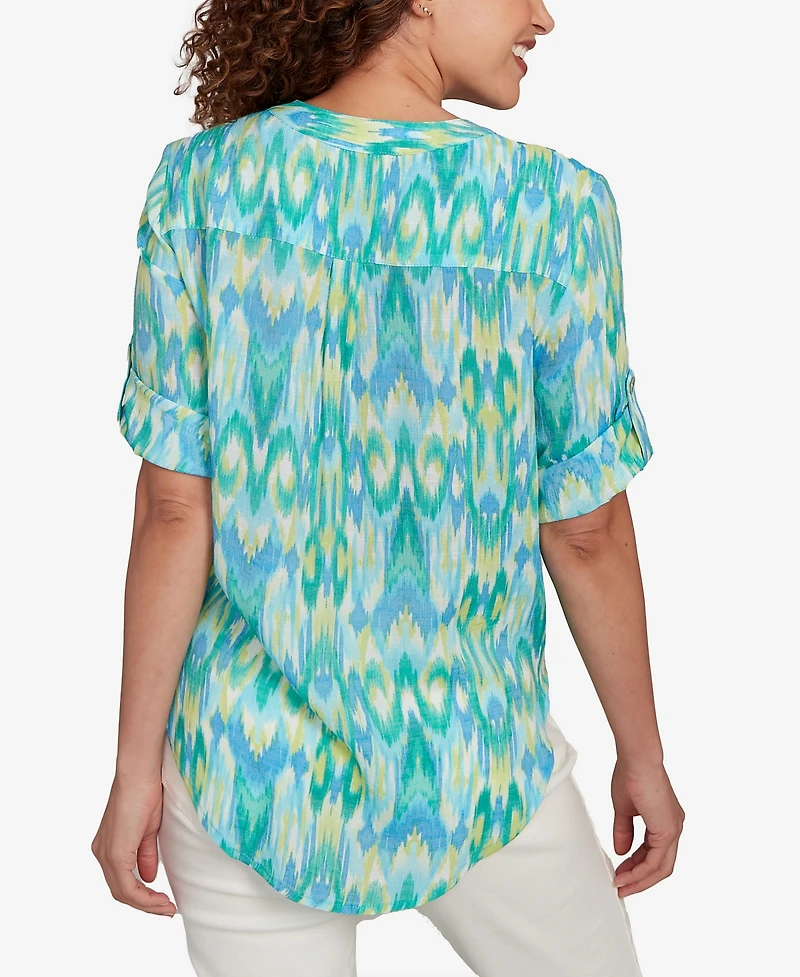 Ruby Rd. Petite Paradise Ikat Button Tie Front V-Neck Top