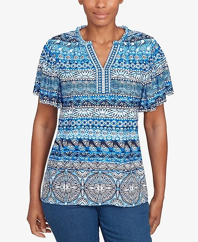 Ruby Rd. Petite Motif Stripe Embroidered Puff Print T-Shirt