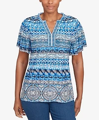 Ruby Rd. Petite Motif Stripe Embroidered Puff Print T-Shirt