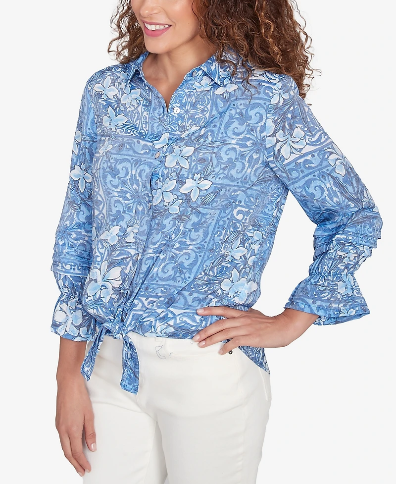 Ruby Rd. Petite Silky Floral Tile Button Tie Front Top