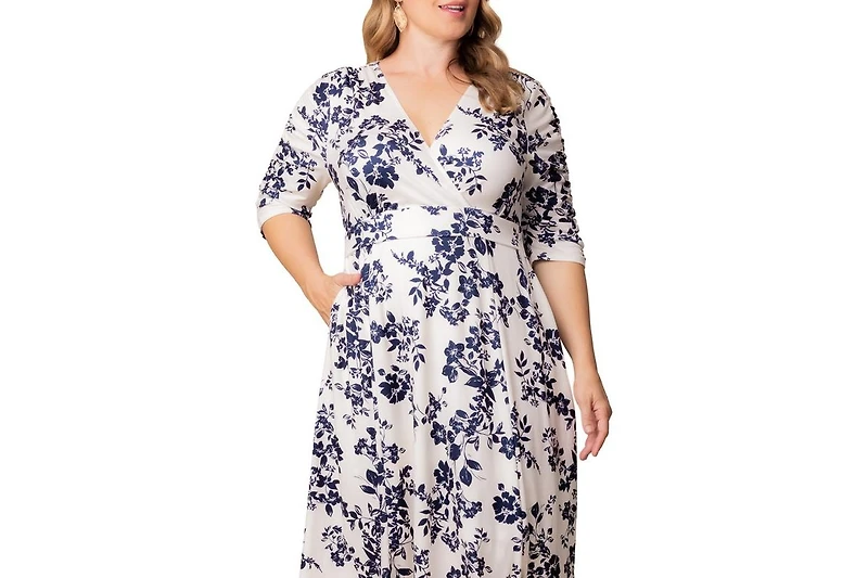Kiyonna Plus Gabriella Ruched Sleeve Midi Dress with Pockets