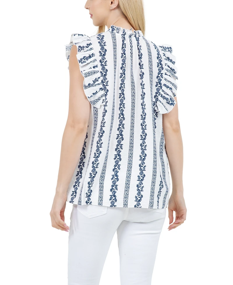 Fever Women's V-Neck Henley Button Front W/Puff Short Sleeve Top