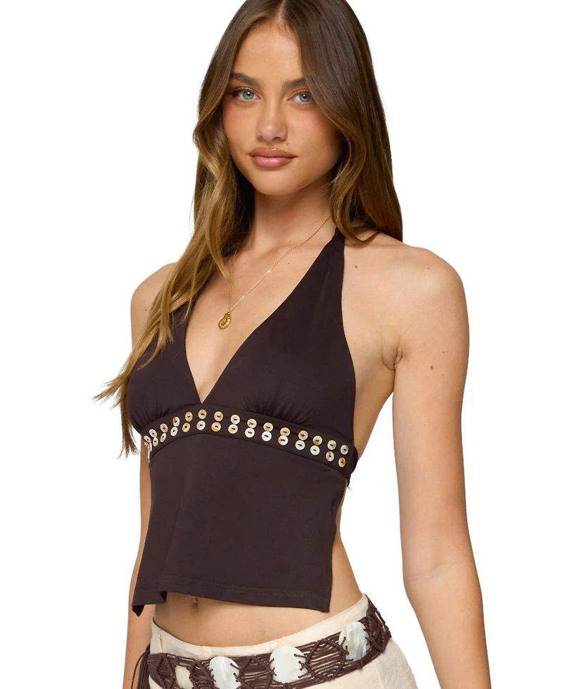 Edikted Women's Pearlsy Button Backless Halter Top