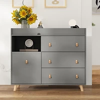 Diaper table with three drawers, baby changing station with multiple storage compartments, grey wood