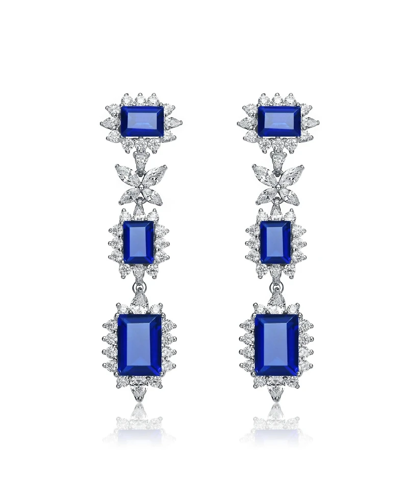 Sterling Silver with White Gold Plated Colored Cubic Zirconia Halo Three-Tier Earrings