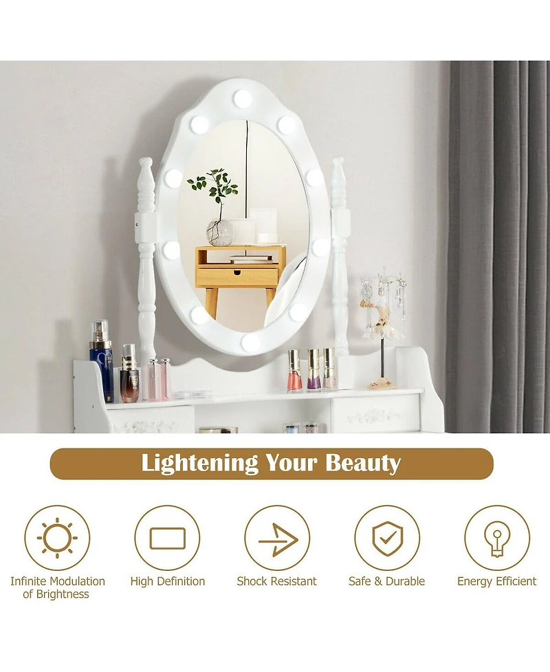 Makeup Vanity Dressing Table Set with Dimmable Bulbs Cushioned Stool