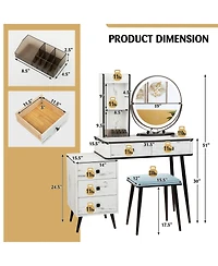 Vanity Table Set with 3-Color Lighted Mirror and Cushioned Stool