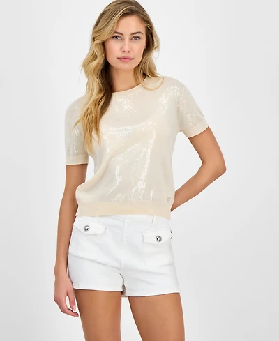 Guess Women's Sequin Printed Short-Sleeve Sweater